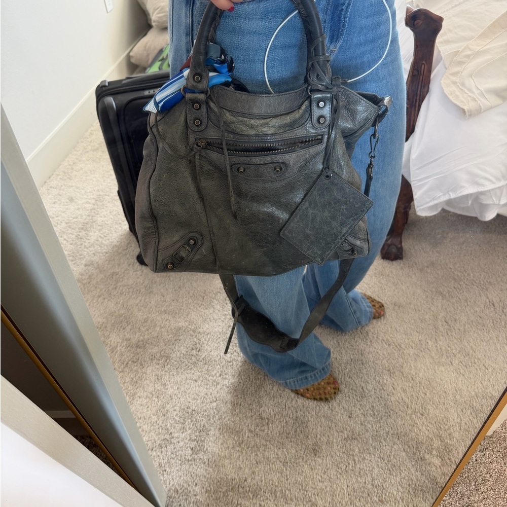 Balenciaga Distressed Charcoal Leather Shoulder Bag